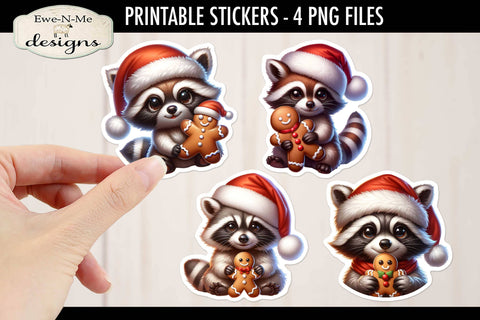 Raccoons with Gingerbread Printable Stickers | 4 PNG Stickers Sublimation Ewe-N-Me Designs 