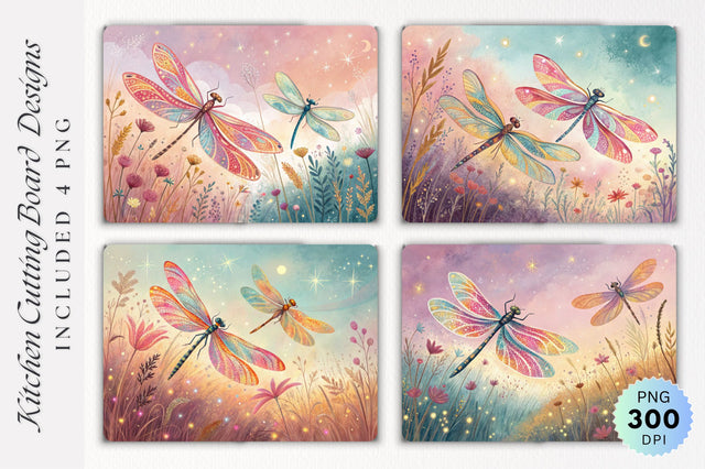 Radiant Dragonflies Over a Dreamy Pastel Field Cutting Board PNG Design Sublimation Regulrcrative 