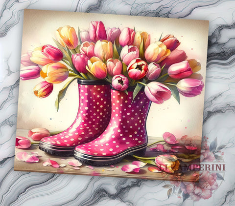 Rainboots Tumbler Wrap, Tulip Floral Design, Springtime Easter Wrap, Sublimation 20oz Tumbler, Spring Drinkware, Floral Tumbler Art, Cute Rain Boots Gift Sublimation Li Zamperini 