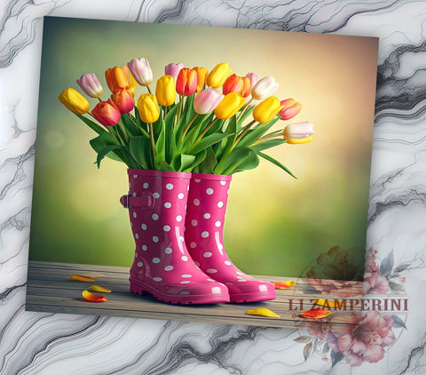 Rainboots Tumbler Wrap, Tulip Floral Design, Springtime Easter Wrap, Sublimation 20oz Tumbler, Spring Drinkware, Floral Tumbler Art, Cute Rain Boots Gift Sublimation Li Zamperini 