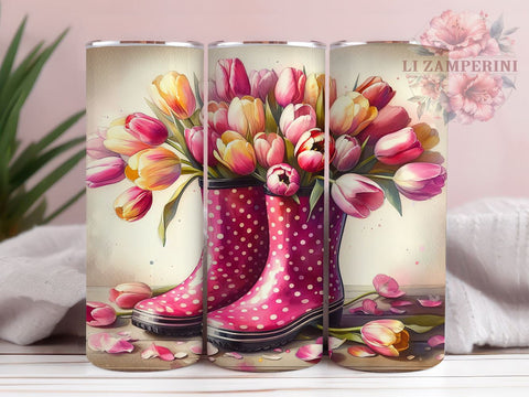 Rainboots Tumbler Wrap, Tulip Floral Design, Springtime Easter Wrap, Sublimation 20oz Tumbler, Spring Drinkware, Floral Tumbler Art, Cute Rain Boots Gift Sublimation Li Zamperini 