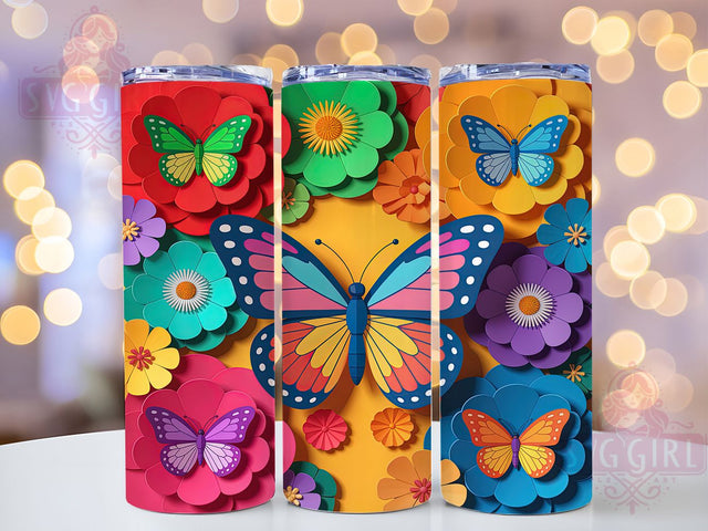 Rainbow 3D Butterfly Floral Tumbler, 3D Butterfly Design, Colorful Floral Pattern, 20Oz Sublimation Wrap, Rainbow Butterfly Art, Vibrant Flower Texture, Tumbler Sublimation Sublimation SvggirlplusArt 