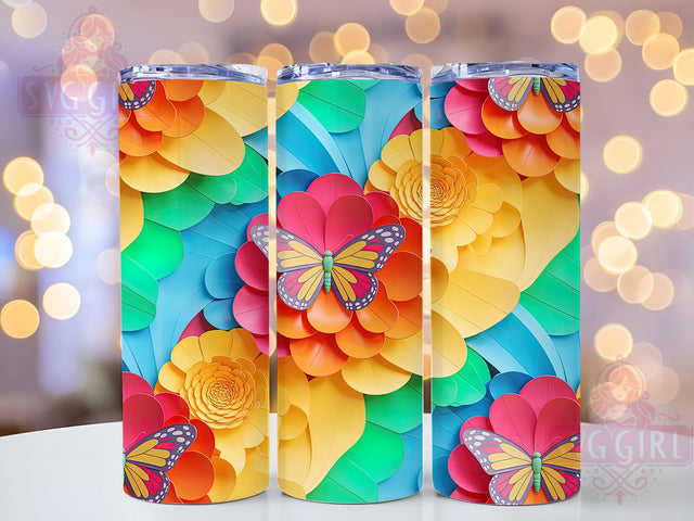 Rainbow 3D Butterfly Floral Tumbler, 3D Butterfly Design, Colorful Floral Pattern, 20Oz Sublimation Wrap, Rainbow Butterfly Art, Vibrant Flower Texture, Tumbler Sublimation Sublimation SvggirlplusArt 