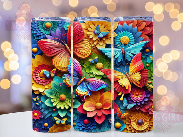 Rainbow 3D Butterfly Floral Tumbler, 3D Butterfly Design, Colorful Floral Pattern, 20Oz Sublimation Wrap, Rainbow Butterfly Art, Vibrant Flower Texture, Tumbler Sublimation Sublimation SvggirlplusArt 