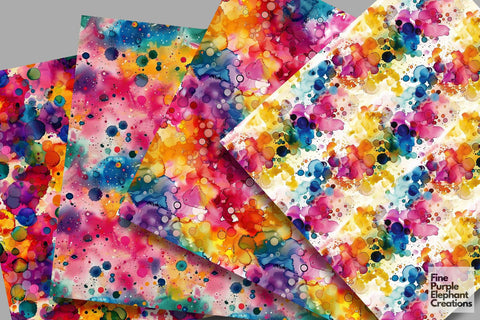 Rainbow Alcohol Ink Polka Dots Digital Paper - Vibrant Color Circle Paint Digital Pattern Fine Purple Elephant Creations 