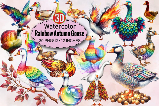 Rainbow Autumn Goose Clipart Bundle. Sublimation SVGArt 