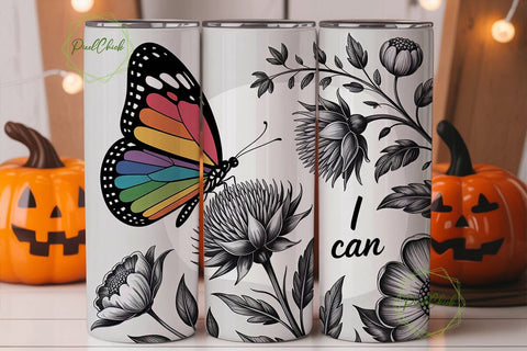 Rainbow Butterfly & Flowers 20oz Tumbler Sublimation PixelChick 