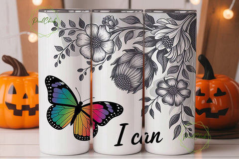 Rainbow Butterfly & Flowers 20oz Tumbler Sublimation PixelChick 