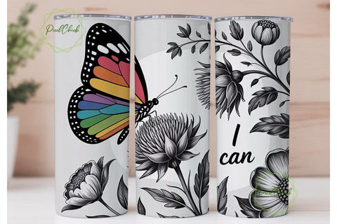 Rainbow Butterfly & Flowers 20oz Tumbler Sublimation PixelChick 