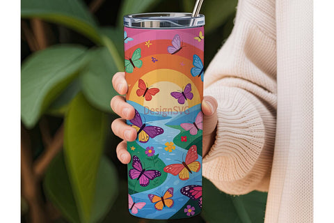 Rainbow Butterfly Garden 20oz Tumbler Sublimation DesignSVG 