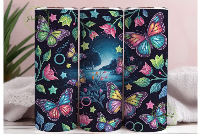 Rainbow Butterfly Night 20oz Tumbler Sublimation PixelChick 
