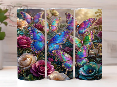 Rainbow Butterfly Peony Glow 20oz Tumbler, Rainbow Theme, Butterfly Motif, Peony Flower, Glow Effect, Romantic Charm, Skinny Tumbler, Sublimation PNG Sublimation Lara' s Designs 