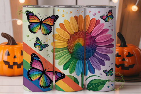 Rainbow Butterfly Sunflower Tumbler Wrap Sublimation PixelChick 