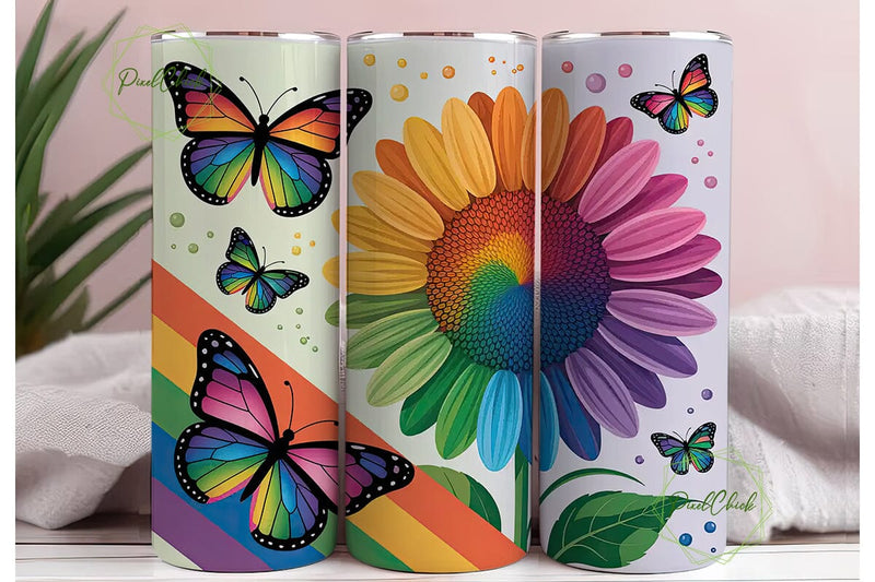 Rainbow Butterfly Sunflower Tumbler Wrap Sublimation PixelChick 