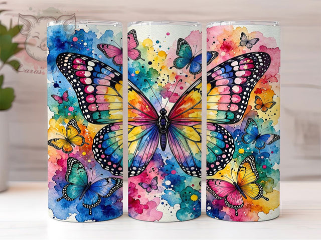 Rainbow Butterfly Watercolor 20oz Tumbler, Butterfly Motif, Rainbow Art Design, Watercolor Theme, Whimsical Accent, Elegant Charm, Sublimation Wrap, 20oz Tumbler Sublimation Lara' s Designs 