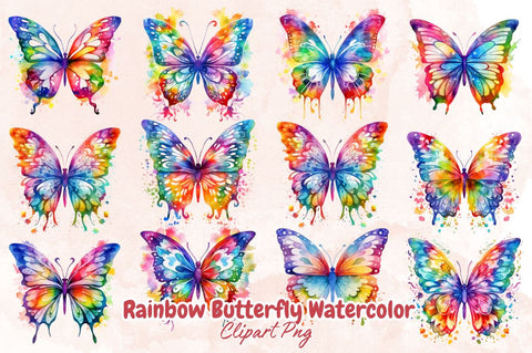 Rainbow Butterfly Watercolor Clipart Bundle Sublimation Designangry 