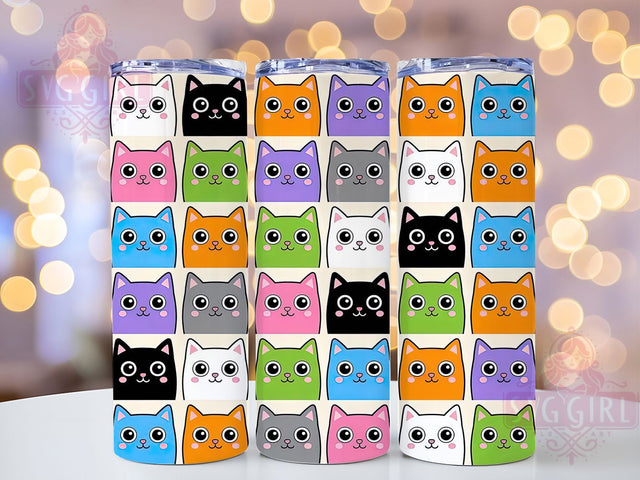 Rainbow Cartoon Cat 20oz Tumbler Wrap, Rainbow Theme, Cartoon Cats, Cat Motif, Whimsical Style, Playful Charm, Skinny Tumbler, Sublimation PNG Sublimation SvggirlplusArt 