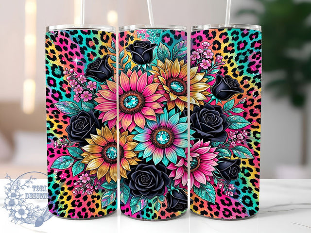 Rainbow Cheetah Sunflowers 20oz Tumbler, Cheetah Sunflower Motif, Rainbow Art Design, Animal Print Theme, Bold Accent, Vibrant Charm, Sublimation Wrap, 20oz Tumbler Sublimation ToriDesigns 