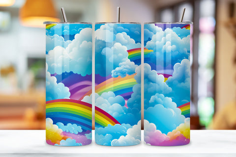 Rainbow Cloudscape Tumbler Wrap | Seamless Wrap Design, Rainbow And Cloud Tumbler Wrap Rainbow Pattern 20oz Skinny Tumbler Sublimation Design Straight And Tapered Tumbler Wrap Sublimation FloridPrintables 