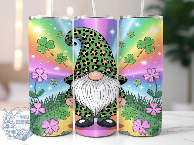 Rainbow Clover Gnome 20oz Tumbler Wrap, Rainbow Theme, Clover Motif, Gnome Style, Lucky Charm, Festive Design, Skinny Tumbler, Sublimation PNG Sublimation ToriDesigns 