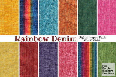Rainbow Colored Jean Denim Digital Paper - Textured Distressed Fabric Clothing Digital Pattern Fine Purple Elephant Creations 