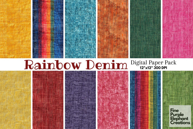Rainbow Colored Jean Denim Digital Paper - Textured Distressed Fabric Clothing Digital Pattern Fine Purple Elephant Creations 