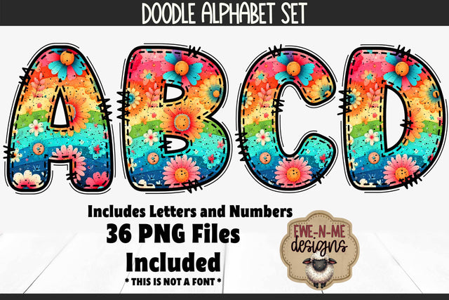 Rainbow Daisy Doodle Alphabet Numbers | Cute PNG Letters Sublimation Ewe-N-Me Designs 