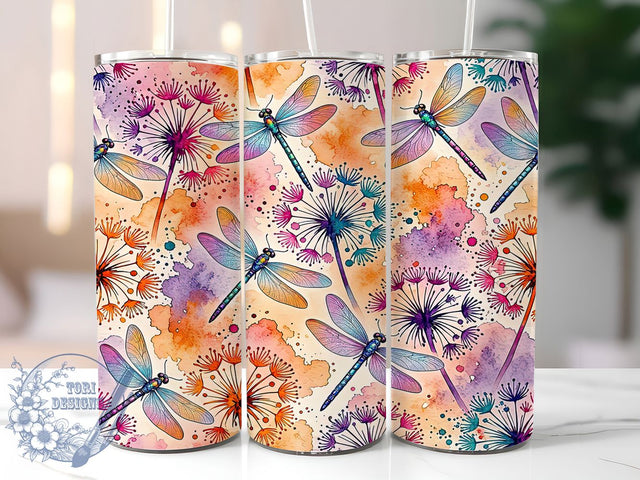 Rainbow Dragonfly Dandelions 20oz Tumbler, Dragonfly Dandelion Motif, Rainbow Art Design, Fantasy Theme, Whimsical Accent, Elegant Charm, Sublimation Wrap, 20oz Tumbler Sublimation ToriDesigns 