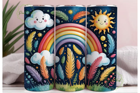Rainbow Feathers Night Sky 20oz Tumbler Sublimation PixelChick 
