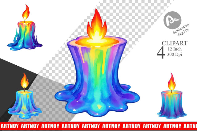 Rainbow Fire Candle Clipart Sublimation artnoy 