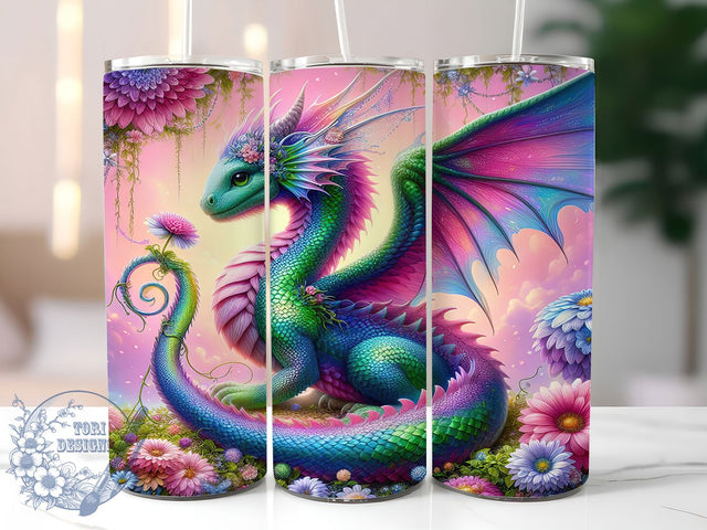 Rainbow Floral Fantasy Dragon Tumbler, Floral Fantasy, Dragon Tumbler, 20Oz Tumbler, Sublimation Design, Mythical Creature, Colorful Wrap Sublimation ToriDesigns 
