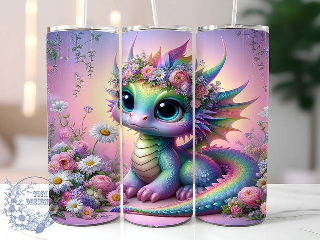 Rainbow Floral Fantasy Dragon Tumbler, Floral Fantasy, Dragon Tumbler, 20Oz Tumbler, Sublimation Design, Mythical Creature, Colorful Wrap Sublimation ToriDesigns 