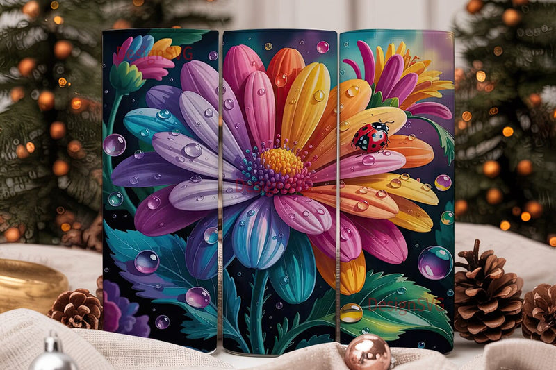 Rainbow Flower with Ladybug 20oz Tumbler Sublimation DesignSVG 