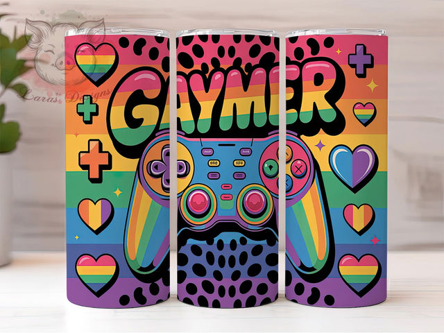 Rainbow Gaymer Pride Tumbler Wrap, LGBTQ+ Gamer Tumbler, Pride Hearts Tumbler, Video Game LGBTQ+ Wrap, 20oz Gaymer Design, Love is Love Tumbler, Rainbow Heart Tumbler Sublimation Lara' s Designs 