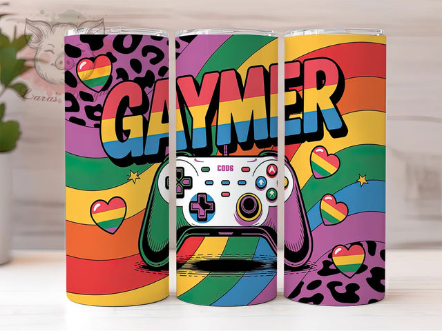 Rainbow Gaymer Pride Tumbler Wrap, LGBTQ+ Gamer Tumbler, Pride Hearts Tumbler, Video Game LGBTQ+ Wrap, 20oz Gaymer Design, Love is Love Tumbler, Rainbow Heart Tumbler Sublimation Lara' s Designs 