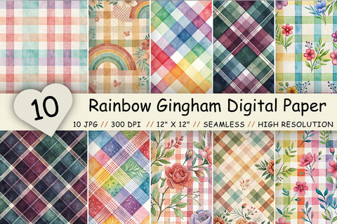 Rainbow Gingham Digital Paper Pack, Seamless Watercolor Pattern Bundle, Printable Scrapbook Paper, Colorful Checkered Design Collection Digital Pattern FloridPrintables 