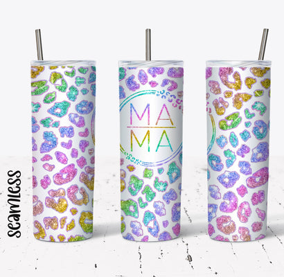Rainbow Glitter Leopard Mama Tumbler Wrap - 20 Oz Skinny Tumbler Sublimation Design - Straight & Tapered - Digital Download - Tumbler PNG - Template Sublimation Sparkles And Chic 