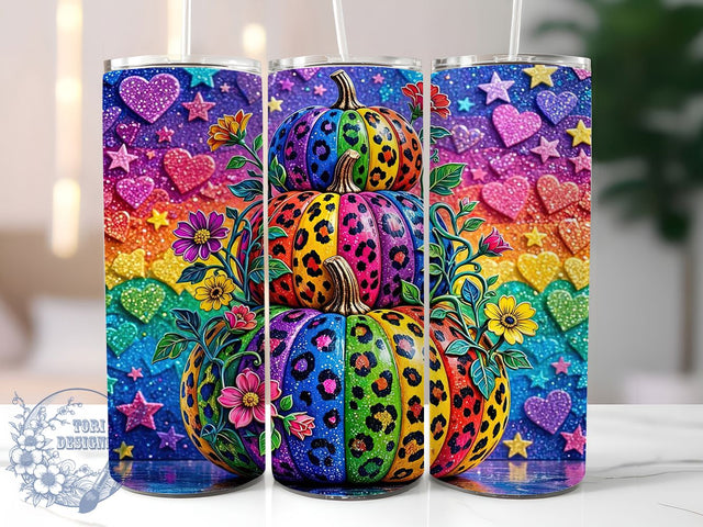 Rainbow Glitter Leopard Pumpkins 20oz Tumbler, Rainbow Glitter, Leopard Print, Pumpkin Motif, Sublimation Wrap, 20oz Tumbler, Festive Aesthetic, Chic Charm Sublimation ToriDesigns 