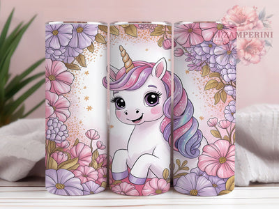 Rainbow Glitter Unicorn Tumbler, Rainbow Glitter Wrap, Spring Flowers Pattern, Sublimation Cup, 20oz Skinny Tumbler, Fantasy Drinkware, Magical Design Sublimation Li Zamperini 