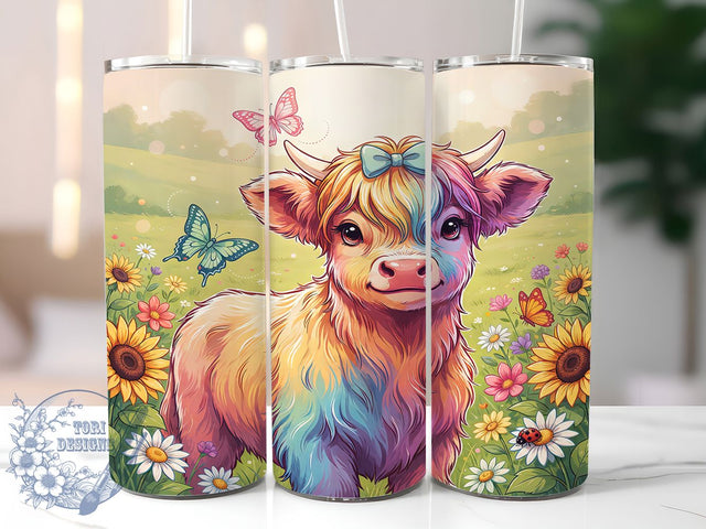 Rainbow Highland Calf 20oz Tumbler, Highland Calf, Rainbow Style, Rustic Theme, Sublimation Wrap, 20oz Tumbler, Whimsical Aesthetic, Farmhouse Design Sublimation ToriDesigns 