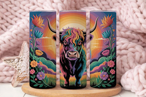 Rainbow Highland Cow 20oz Tumbler Wrap Sublimation DesignSVG 