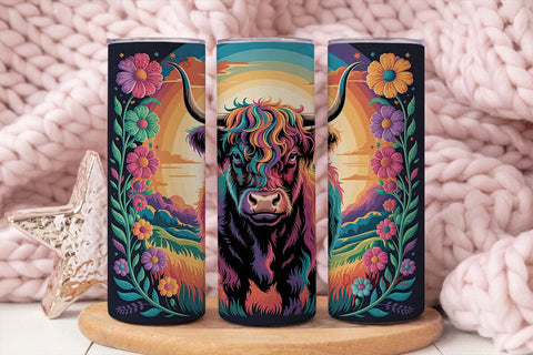 Rainbow Highland Cow 20oz Tumbler Wrap Sublimation DesignSVG 