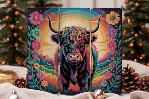 Rainbow Highland Cow 20oz Tumbler Wrap Sublimation DesignSVG 
