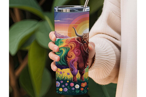 Rainbow Highland Cow 20oz Tumbler Wrap Sublimation DesignSVG 