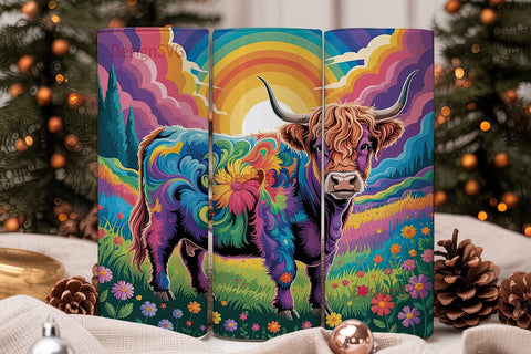 Rainbow Highland Cow 20oz Tumbler Wrap Sublimation DesignSVG 