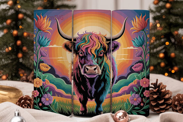Rainbow Highland Cow 20oz Tumbler Wrap Sublimation DesignSVG 