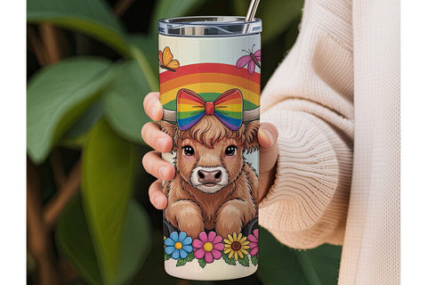 Rainbow Highland Cow Calf 20oz Tumbler Sublimation DesignSVG 