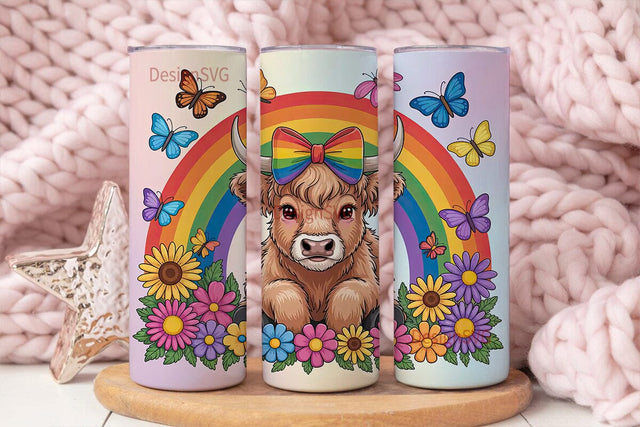 Rainbow Highland Cow Calf 20oz Tumbler Sublimation DesignSVG 