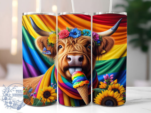 Rainbow Highland Cow LGBTQ Pride Tumbler Wrap, Pride Highland Cow Cup, Rainbow Cow Tumbler Wrap, LGBTQ Pride Tumbler, 20Oz Tumbler Wrap, Sublimation Pride Tumbler, Highland Cow Drinkware Sublimation ToriDesigns 