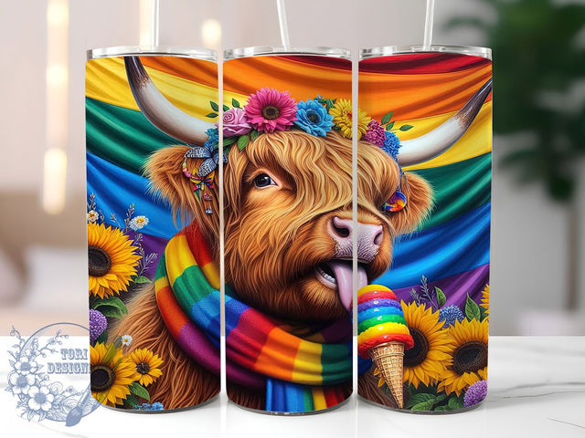 Rainbow Highland Cow LGBTQ Pride Tumbler Wrap, Pride Highland Cow Cup, Rainbow Cow Tumbler Wrap, LGBTQ Pride Tumbler, 20Oz Tumbler Wrap, Sublimation Pride Tumbler, Highland Cow Drinkware Sublimation ToriDesigns 